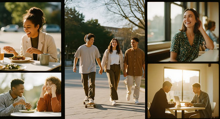 Collage of happy young people having lunch in cafe outdoors, collageの素材
