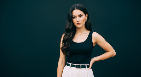 Portrait of a beautiful young brunette woman in a black dress on a black backgroundの素材