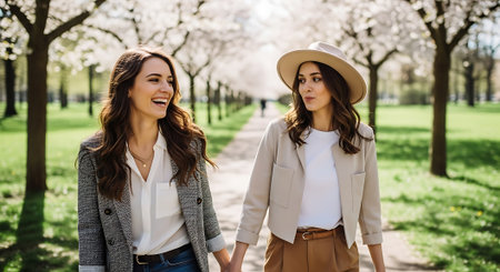 beautiful young women in hats looking at each other while walking in blooming parkの素材