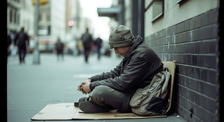 Homeless beggar sitting on the street. Homelessness concept.の素材