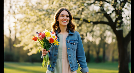 happy young woman holding bouquet of tulips and looking at camera in parkの素材