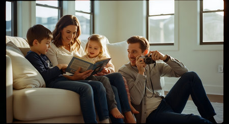 Happy family playing video games at home. Mother, father and children spending time together.の素材