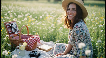 happy young woman in straw hat sitting in camomile field with picnic basketの素材