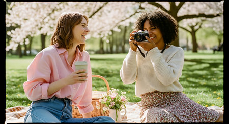smiling young women taking photos of blooming trees with camera in parkの素材