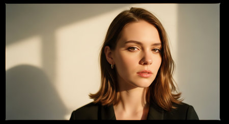 Portrait of a beautiful young woman in a black suit on a white backgroundの素材