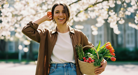 Beautiful young woman with a basket of fresh flowers in her hands.の素材