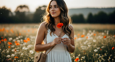 Beautiful young woman in a field of poppies at sunsetの素材