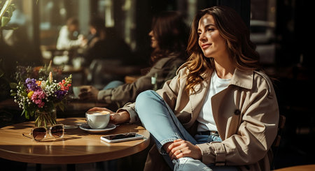 beautiful young woman sitting in cafe with cup of coffee and looking awayの素材