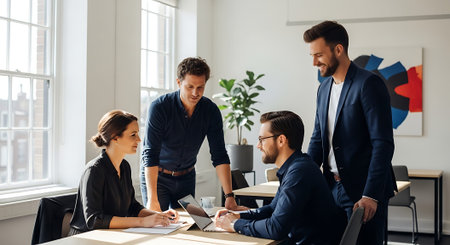 Group of business people working and communicating together in a modern office.の素材
