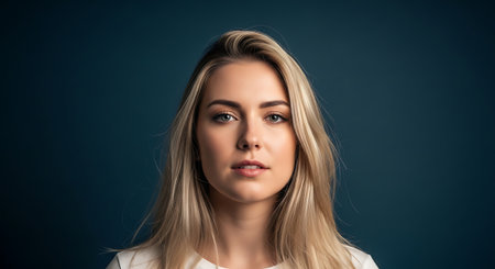portrait of a beautiful blonde woman on a dark blue background.の素材