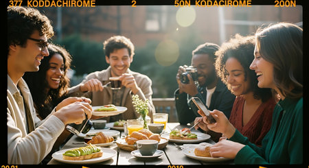 Diverse group of friends using mobile phone during lunch break in cafeの素材