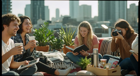 Group of friends sitting on the floor and reading a book and drinking coffeeの素材