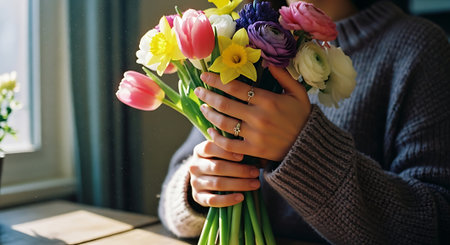 beautiful bouquet of spring flowers in the hands of a girlの素材