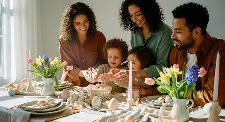 happy family with easter eggs and tulips at table at homeの素材