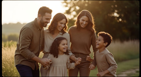 Happy family. Mother, father and children having fun together outdoors.の素材