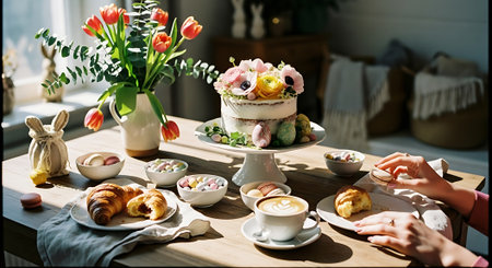 Cake and cup of coffee with tulips on the table.の素材
