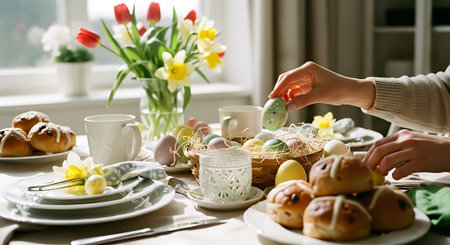 Female hands decorating Easter table with colorful eggs and crockeryの素材