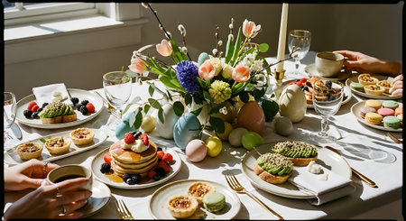 Easter table setting with variety of pastries, eggs and flowersの素材