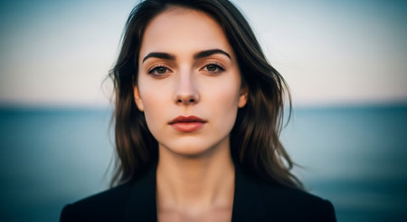 Portrait of a beautiful girl in a black coat on the beachの素材