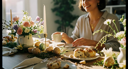 cropped shot of happy woman holding candle while decorating easter tableの素材