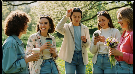 Group of happy young women with coffee and mobile phones in park.の素材