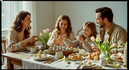 Woman decorating easter table with tulips and eggs at homeの素材