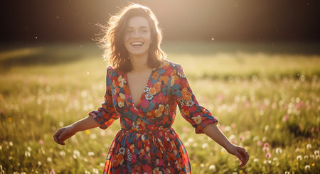 Beautiful young woman in floral dress walking in the field at sunsetの素材
