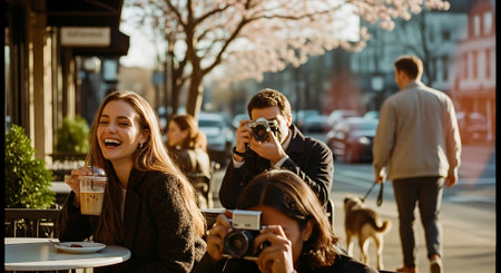 Young couple taking photos of their dog in a coffee shop on a sunny dayの素材