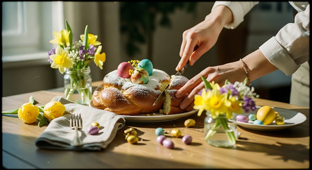 Female hands decorating Easter cake with colorful eggs and daffodilsの素材