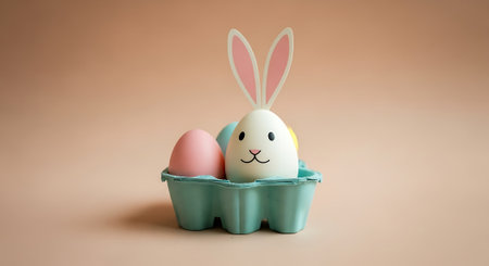 Easter bunny and egg in a box on a beige backgroundの素材