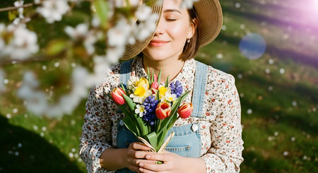 Beautiful young woman in hat holding spring flowers in her hands.の素材