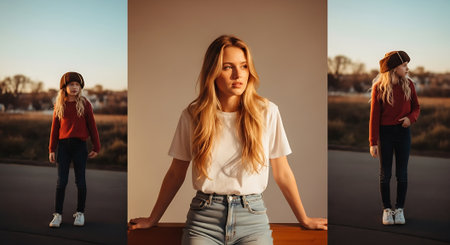 collage of beautiful girl looking away while standing on roof at sunsetの素材