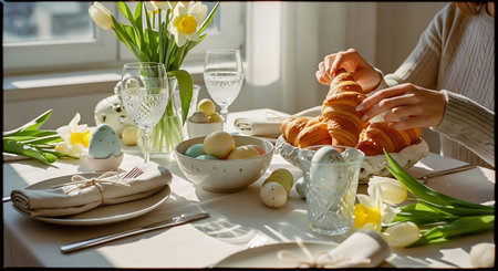 Easter table setting with croissants, croissants and spring tulipsの素材
