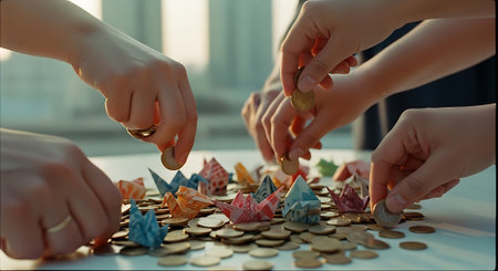 Close up of human hands playing with coins. Teamwork concept.の素材