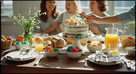 Happy family is preparing for Easter. Mother, father and children are preparing for Easter.の素材