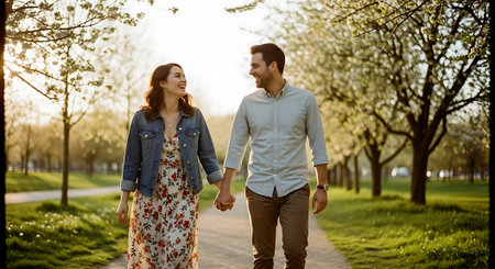 Couple in love walking in the park on a sunny spring dayの素材