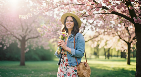 Beautiful young woman with a bouquet of flowers in the spring gardenの素材