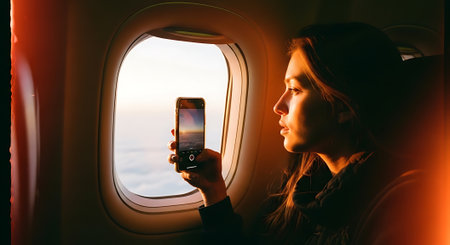Woman taking photo with smart phone in airplane window. Travel and vacation conceptの素材