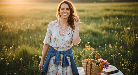 Beautiful girl in dress with basket of flowers in field at sunsetの素材
