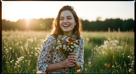 Happy young woman with a bouquet of wildflowers at sunsetの素材