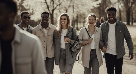 Group of happy friends walking in the park. Group of young people having fun outdoors.の素材