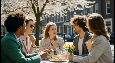 multiethnic friends having coffee together in cafe on street in springの素材