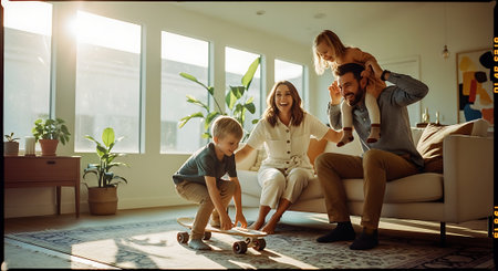 Happy family playing skateboard at home. Mother, father and son spending time together.の素材