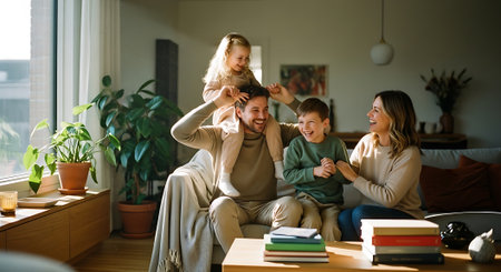 Happy family at home. Mother, father and children having fun together.の素材