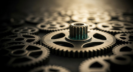 Gear wheel on black background with selective focus and shallow depth of fieldの素材