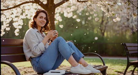Beautiful young woman sitting on a bench in a park and drinking coffeeの素材