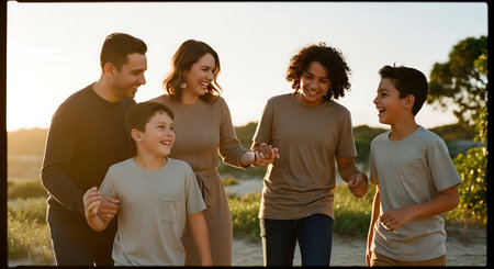 Group of young people walking on the beach at sunset. They are holding hands and smilingの素材
