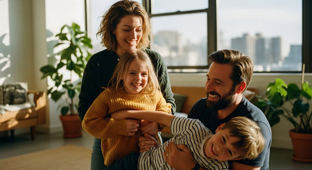 Happy family with two kids at home. Mother, father and children in living room.の素材