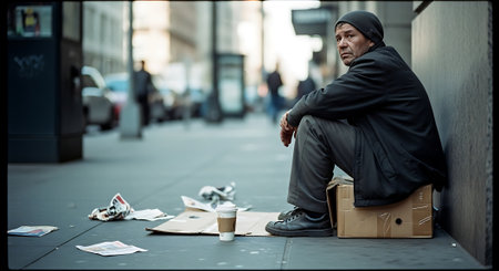 Homeless beggar sitting on the street with a cup of coffeeの素材