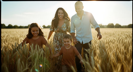 Happy family having fun in a wheat field on a sunny summer dayの素材